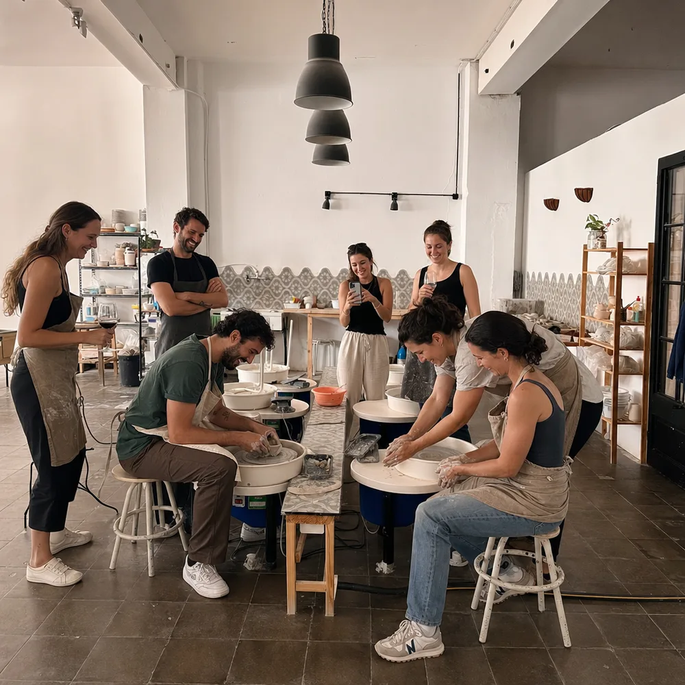 Un grupo de amigos en los tornos del taller, dos de ellos torneando y el resto mirando