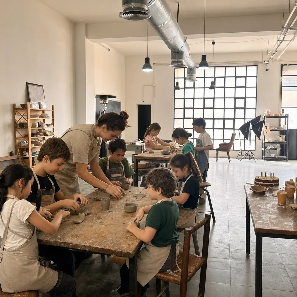 Un grupo de niños modelando barro con una profe en las mesas del taller, con el ventanal al fondo